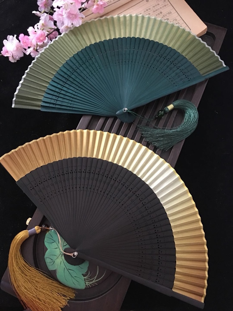 Edo japansk stil foldevifte kimono vifte i japansk stil ægte silke kvindelig vifte lille blomst udskåret gradient blank vifte gylden