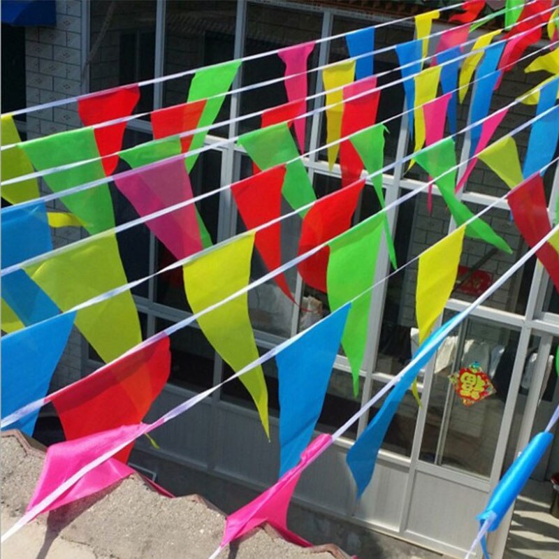 Banderoles en tissu coloré de 10/50 mètres, drapeaux triangles, fanions de Festival de mariage, banderoles de banderole