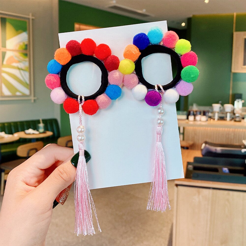 2Pcs Pompom Balls Tassel Elastic Hair Bands for Girls Ponytail Holder Scrunchies Baby Kids Elastic Rubber Band Hair Accessories: 3