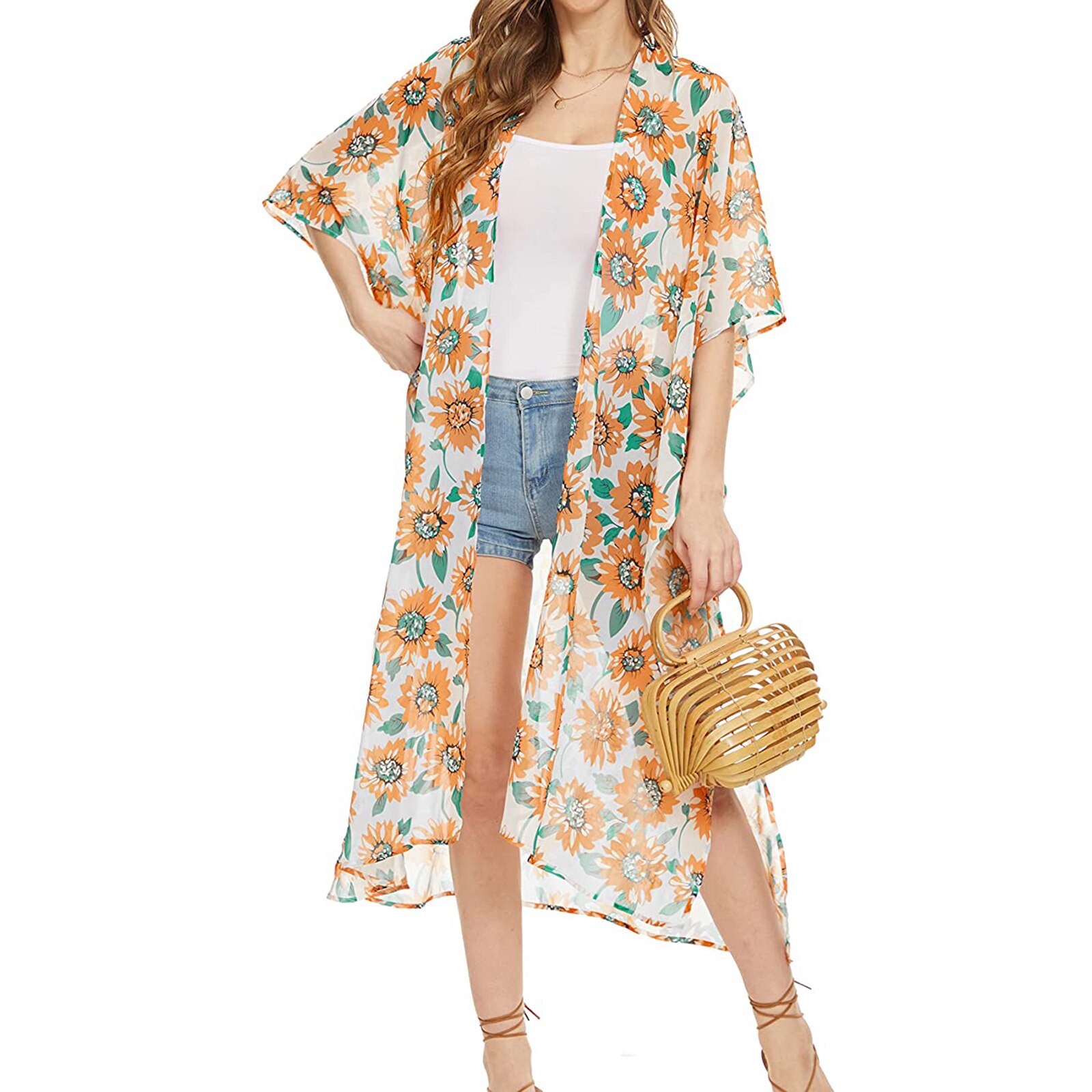 Bata transparente para mujer, Blusa de gasa con estampado único, protección solar, Media manga, Bikini, cárdigan, falda Bohemia con abertura larga, 2022