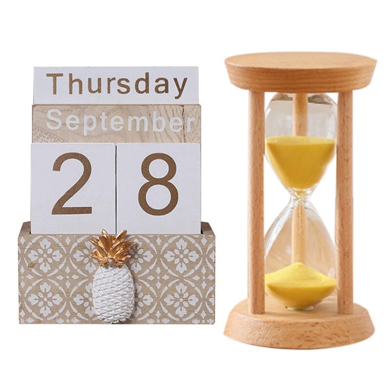 Wooden Perpetual Calendar, Vintage Wood Block Perpetual Calendar with 30 Minutes Wooden Hourglass Timer: Default Title