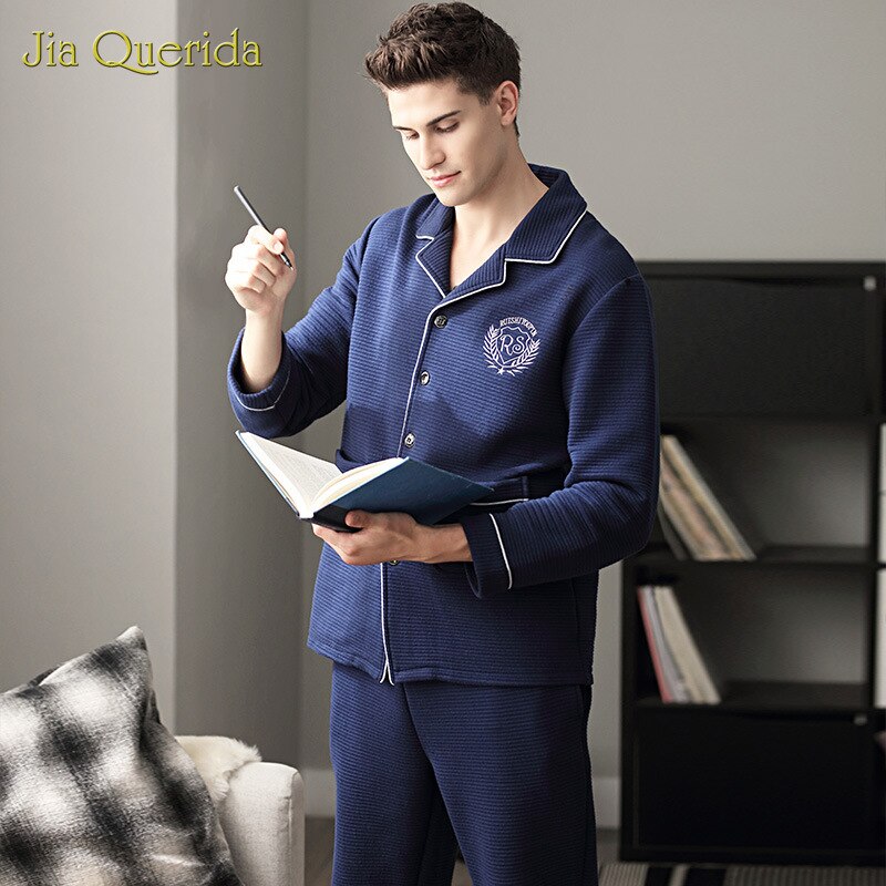 Winter Pyjama mannen Met Lange Mouwen Dikke Warm Houden 100% Katoen Drie Lagen Padded Leisure Thuis Kleding Plus Size Mannen pyjama