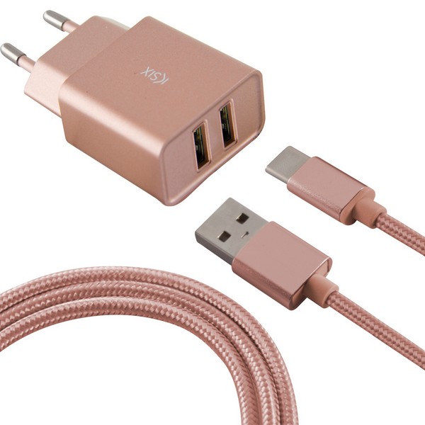 Wall Charger + USB A naar USB C Kabel 2 USB 2.4A Rose gold