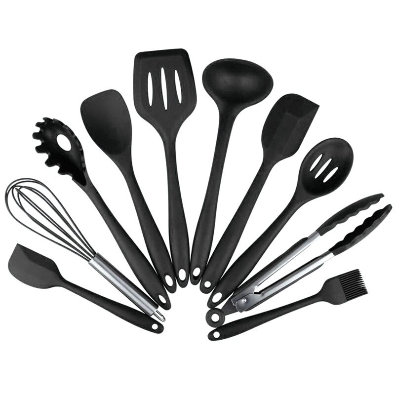 12 Pcs Keuken Gebruiksvoorwerp Set Siliconen Koken Gereedschap Huishoudelijke Houten Koken Gereedschap Ontmoette Opbergdoos Turner Tang Spatel Turner: 10pcs Black