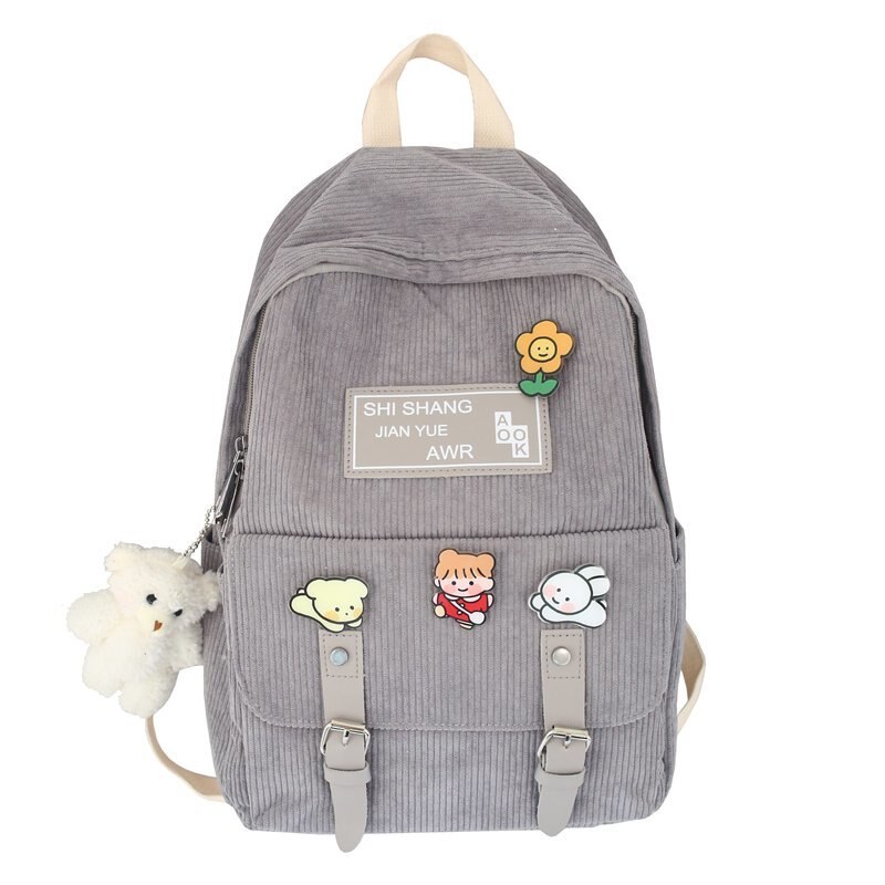Cute Corduroy Backpacks for School Teen Girls Patchwork Colorful Bagpack Kids School Bags Double Buckles Travel Knapsack H246: grey / with bear Pendant