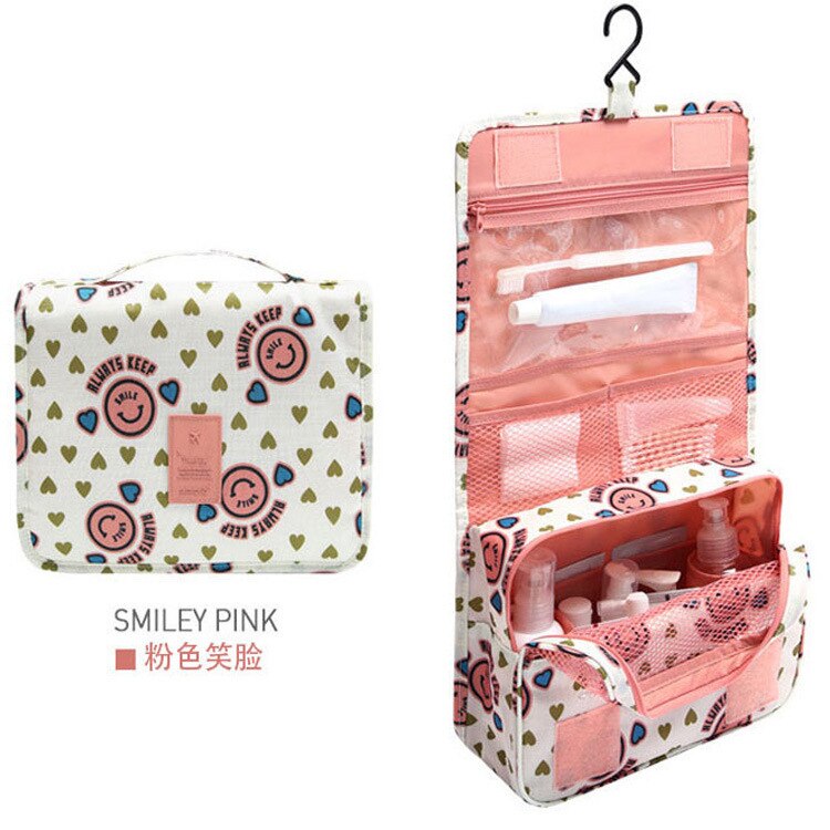 Travel Cosmetic Handbag Women Makeup Bag Toiletries Organizer Waterproof Storag Hanging Bathroom Wash Bags: Smiley Pink