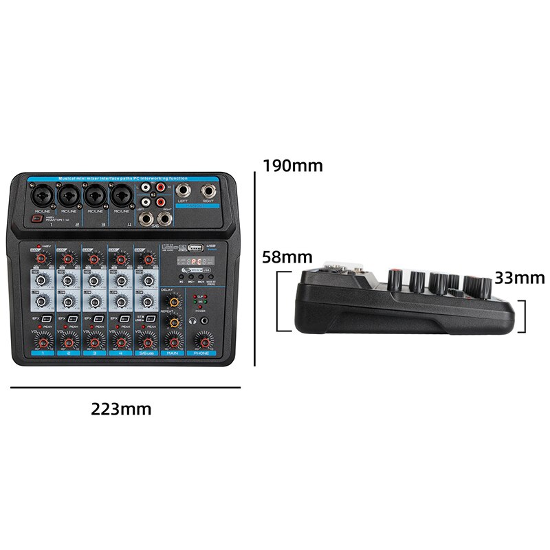 -M-6 Portable Mini Mixer Audio DJ Console with Sound Card, USB, 48V Phantom Power for PC Recording Singing Webcast Party(US P