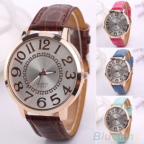 Mężczyźni kobiety duże cyfry arabskie kryształ górski Faux Skórzany kwarc analogowy zegarek na rękę sukienka damska zegarki prezent luksus