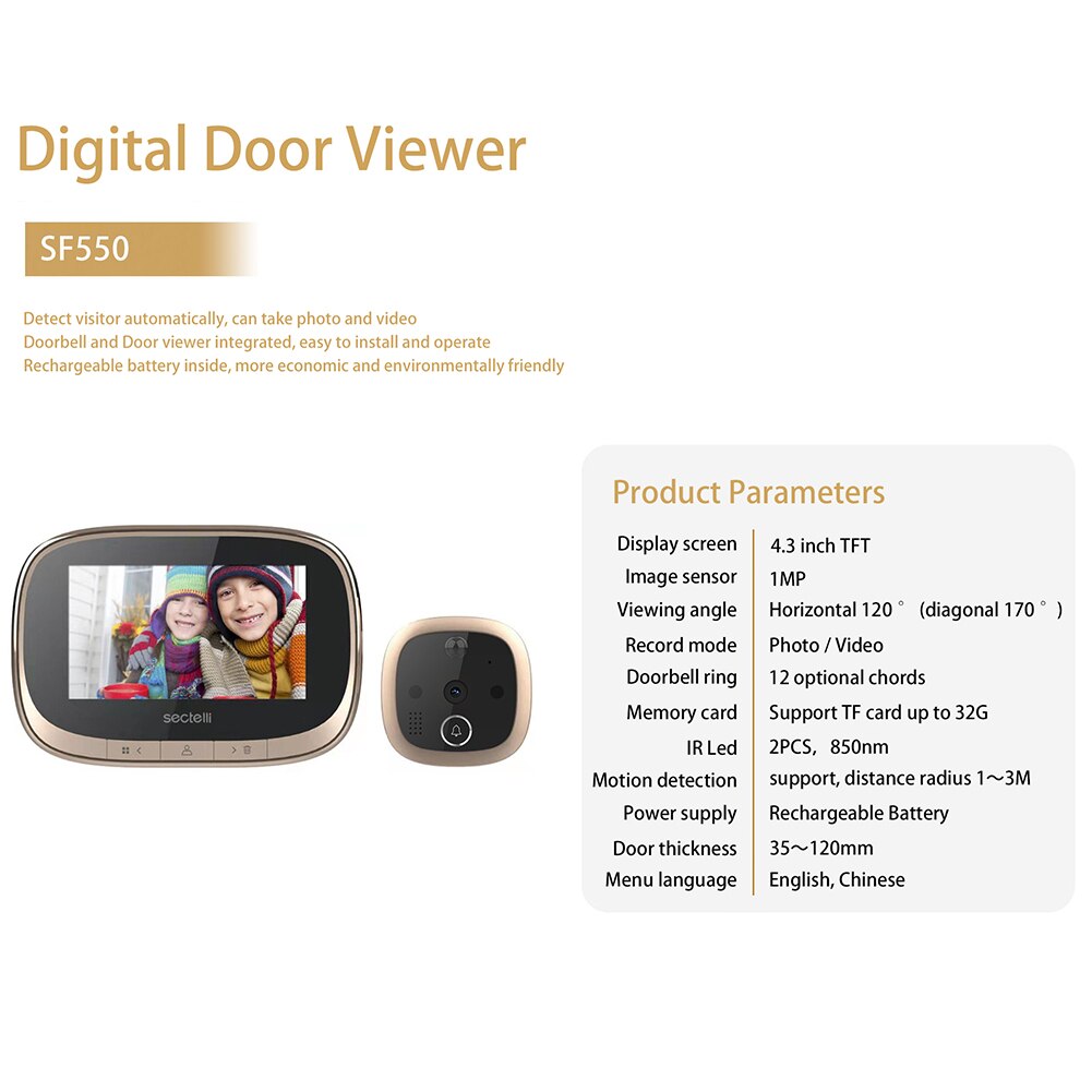 Sf550 sikkerhed i hjemmet smart video dørklokke kameraer intercom visuel cat eye dør telefon dør alarm til husstand soveværelse indretning
