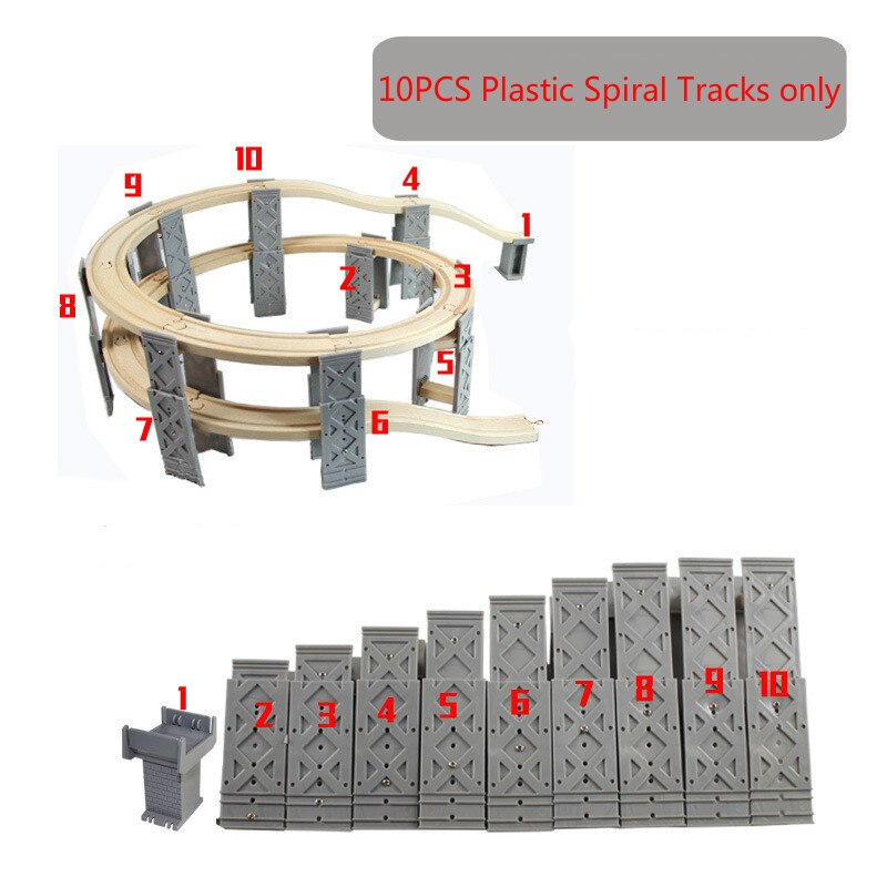 10Pcs Plastic Spiraal Tracks Trein Track Railway Accessoires Spoor Brug Pieren Met Houten Tracks Fit Thom Als Treinen