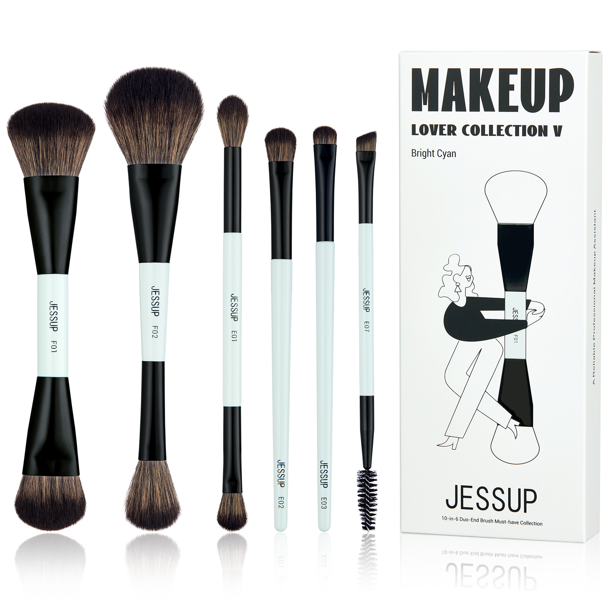 Jessup-Juego de brochas de maquillaje de doble cara, brochas para base, contorno, colorete, mezcla, sombra de cejas, fibra, cian brillante, T501: Negro