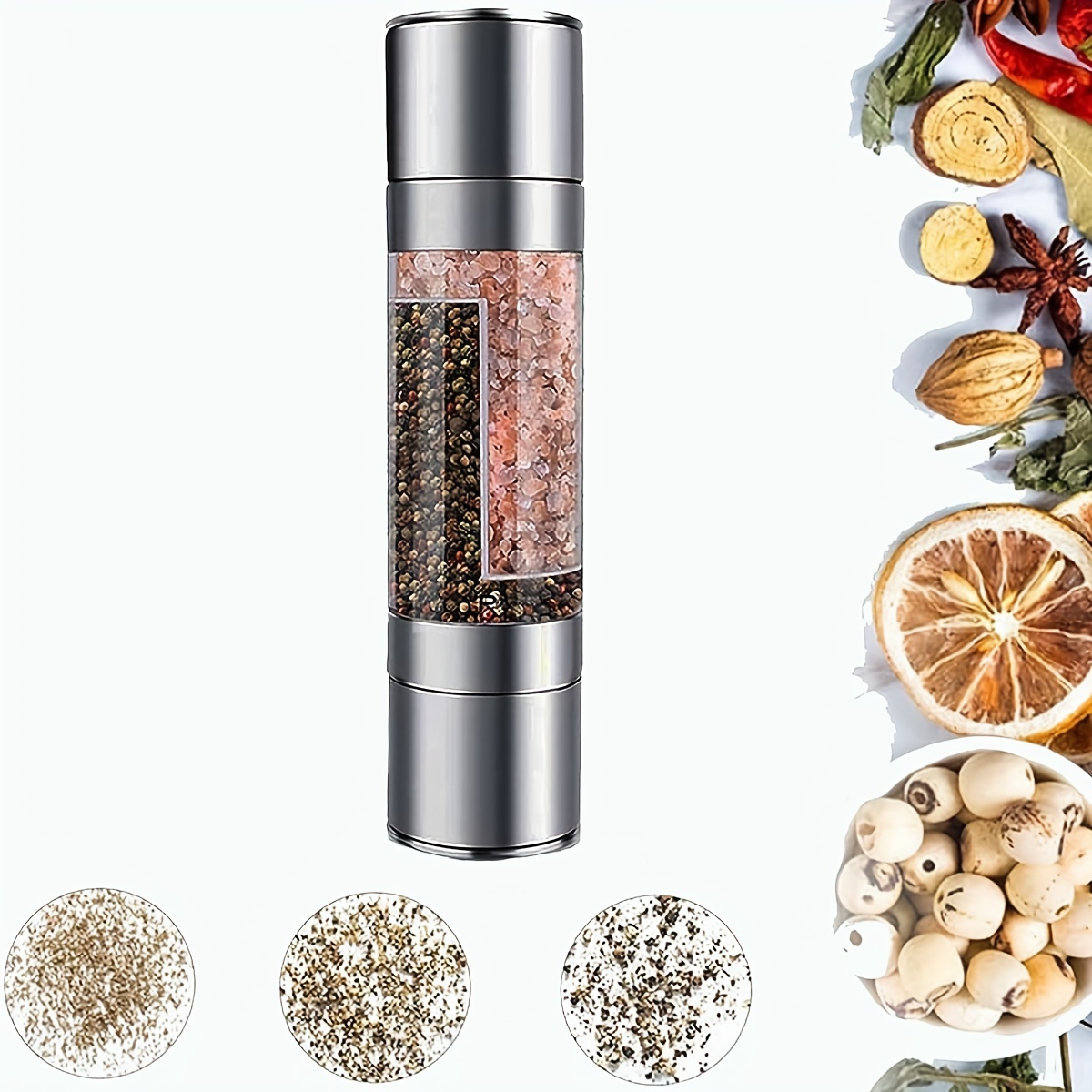 Salt- og pepperkvern 2 in 1 manuelle salt- og pepperkverner i rustfritt stål med justerbar keramisk kvern krydderkvern kjøkkenverktøy: Sølv