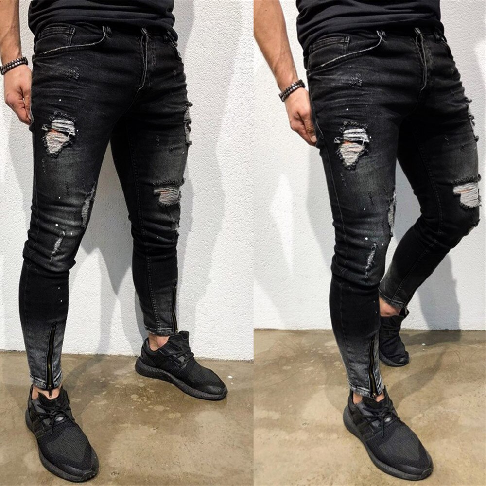 Mens Cool Brand Black Jeans Skinny Ripped Destroyed Stretch Fit Hop Hop Pants With Holes For Men Jeans Trousers#h3