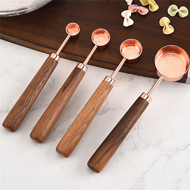 Rose Gold Measuring Cups And Spoons Set Teaspoon Wood Handle Copper Pink Kitchen Milk Coffee Cake Baking Measuring Spoon