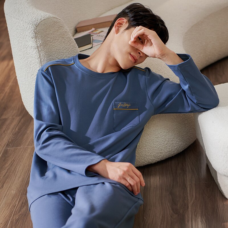 Ensemble Pyjama en coton pur pour homme, manches longues, ample, couleur unie, vêtements de nuit, haut et pantalon, collection automne et hiver