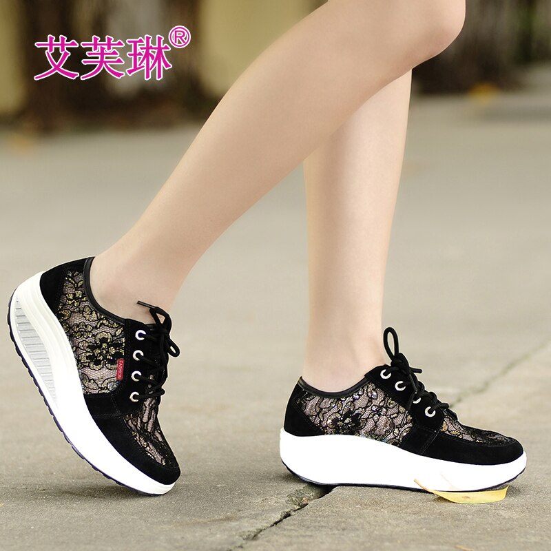 Height Increasing Sneakers Women - Lace Up Wedge Toning Shoes - Breathable Anti-Slip Fitness Workout