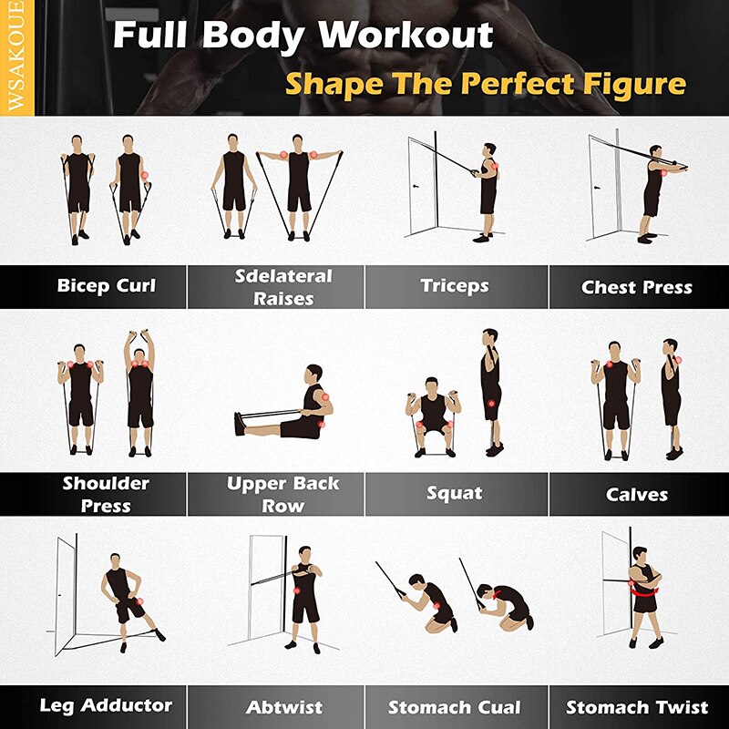250LBS Set Workout Bands Exercise Bands 5 Tube Fitness Bands with Door Anchor Handles Legs Ankle Straps and fitness stick