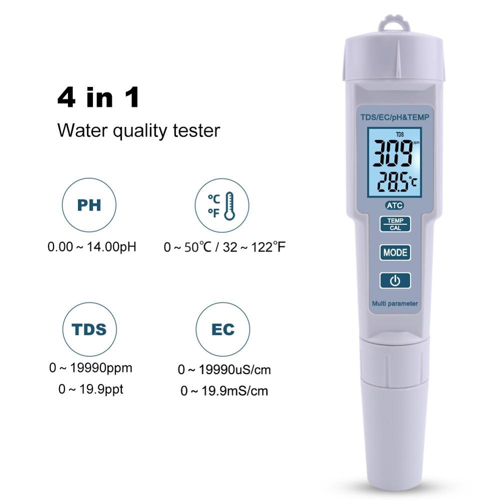 4 in 1 PH/TDS/EC/Temperature Meter PH Meter Digital Water Monitor Tester for Pools, Drinking Water, Aquariums