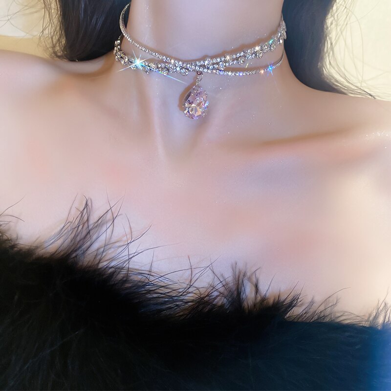 Collier ras du cou en cristal de luxe pour femme, pendentif goutte d'eau, bijoux de mariage, de fête, tendance 2024
