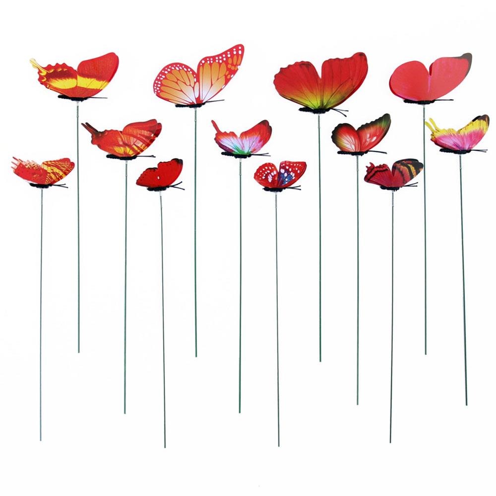 Livagtig sommerfuglehaveindretning på pinde 3d græsplæne håndværk blomsterpotte græsplæne dekoration havepynt 12 stk / pakke udendørs havearbejde: Rød