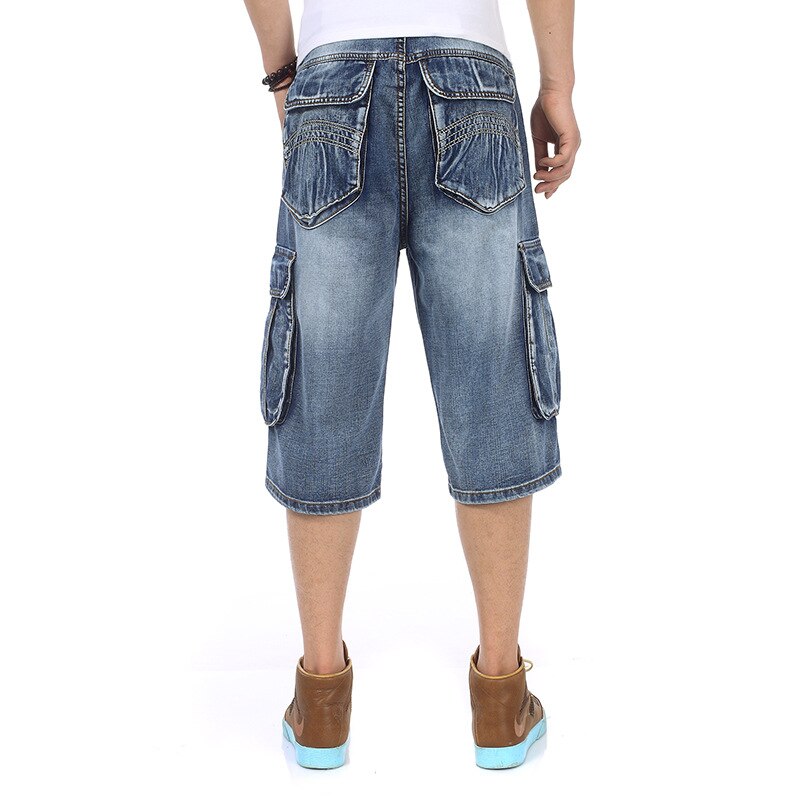 LOVZON-Vaqueros cortos holgados de talla grande para hombre, ropa de calle a la , pantalones Capri largos de Hip Hop, Bermudas de bolsillo, azul, 3/4
