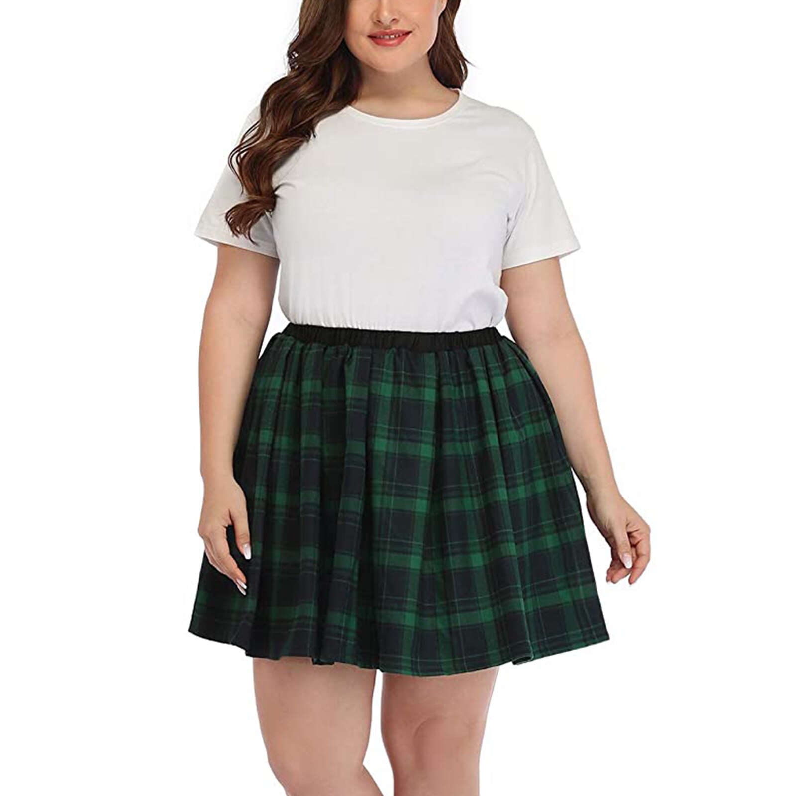 Women's A-Line Mini Skirt, Casual Plus Size School Girl Elastic Waist Plaid Print Skater Skirt