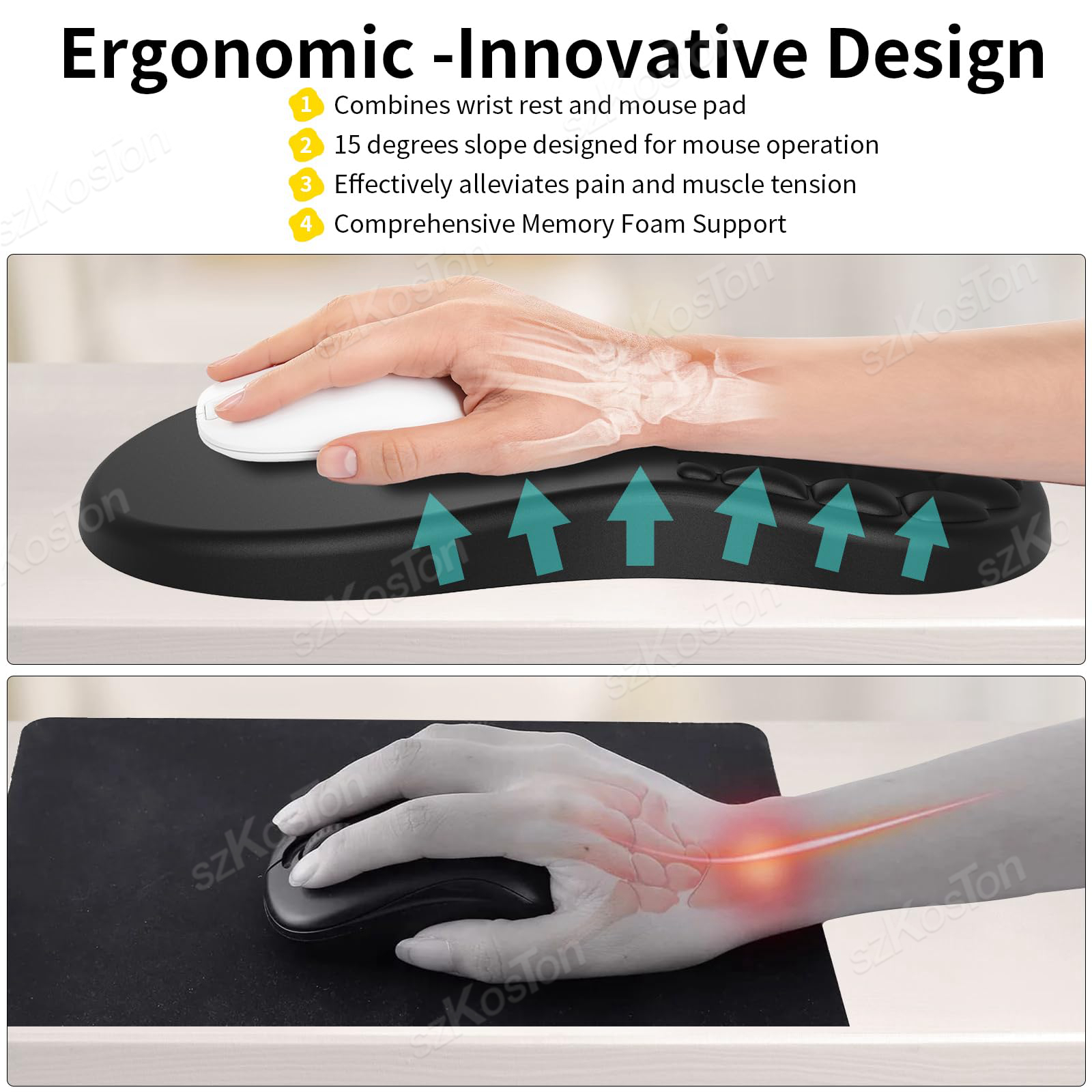 Mouse Pad with Wrist Rest Ergonomic Integrated Memory Foam Slope Massage Bulge Office Mouse Pad for Carpal tunnel Pain Relief