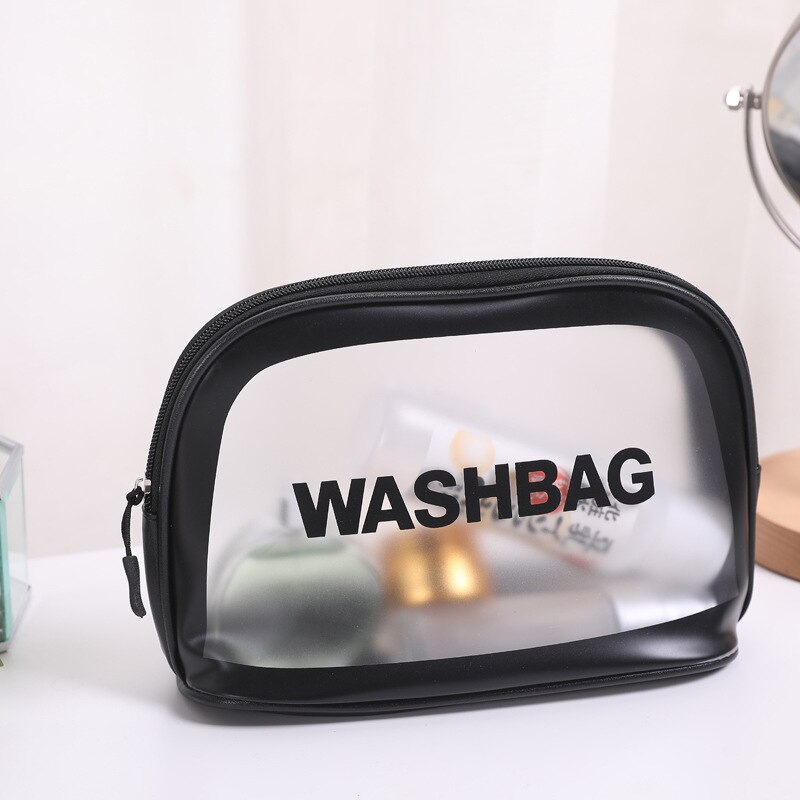 Stijlvolle brief toilettas pu make-up tas transparante reisorganizer toilettassen hoge capaciteit waterdichte dames cosmetische tassen: Zwarte halve cirkel