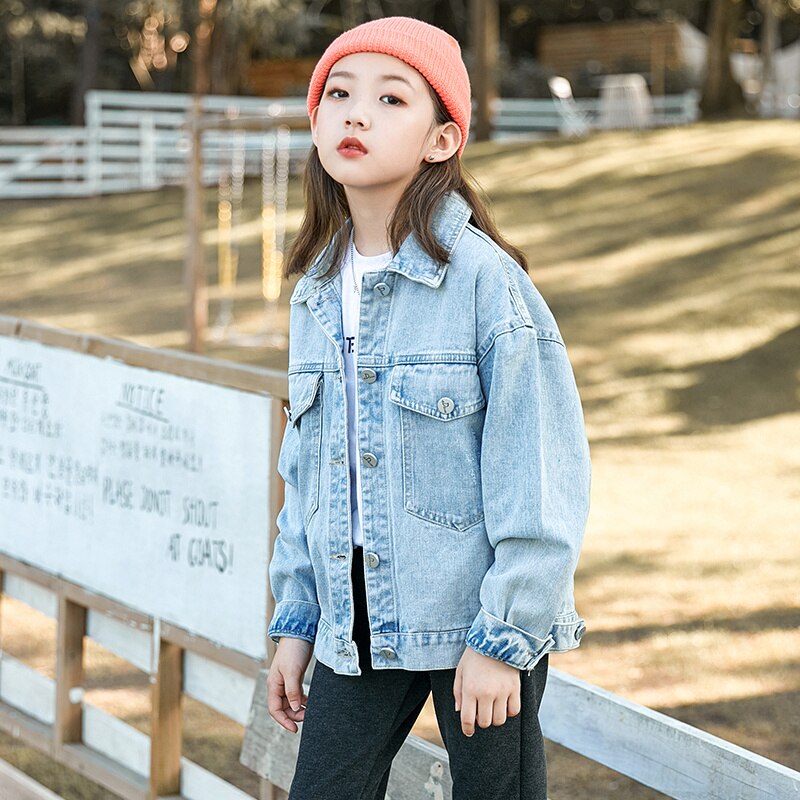 Höst barn ytterkläder tjejer jeans bära bomull jeansjacka ledig metallknapp blå jeans kappor cowboy 10 år barn kostym