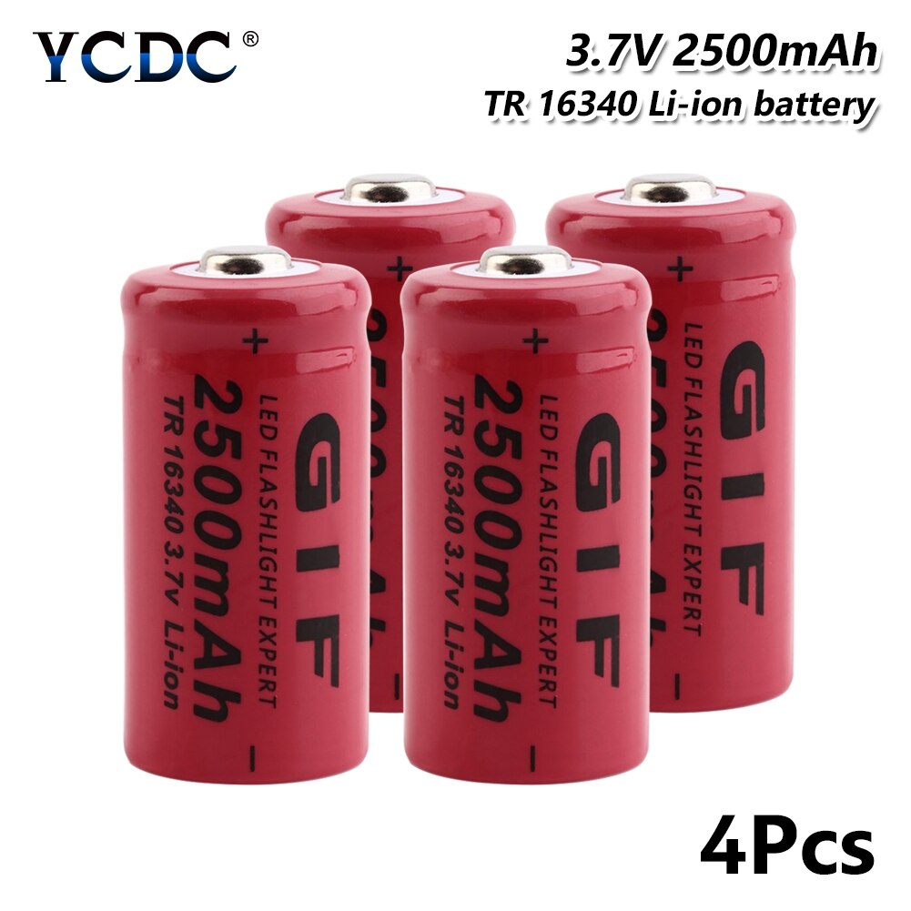Rechargeable Batteries Torch Flashlight Rechargeable GIF Li-Po Lithium 16340 Battery 2500mAh 3.7V Li-ion Cell Bateria: 4 Pcs