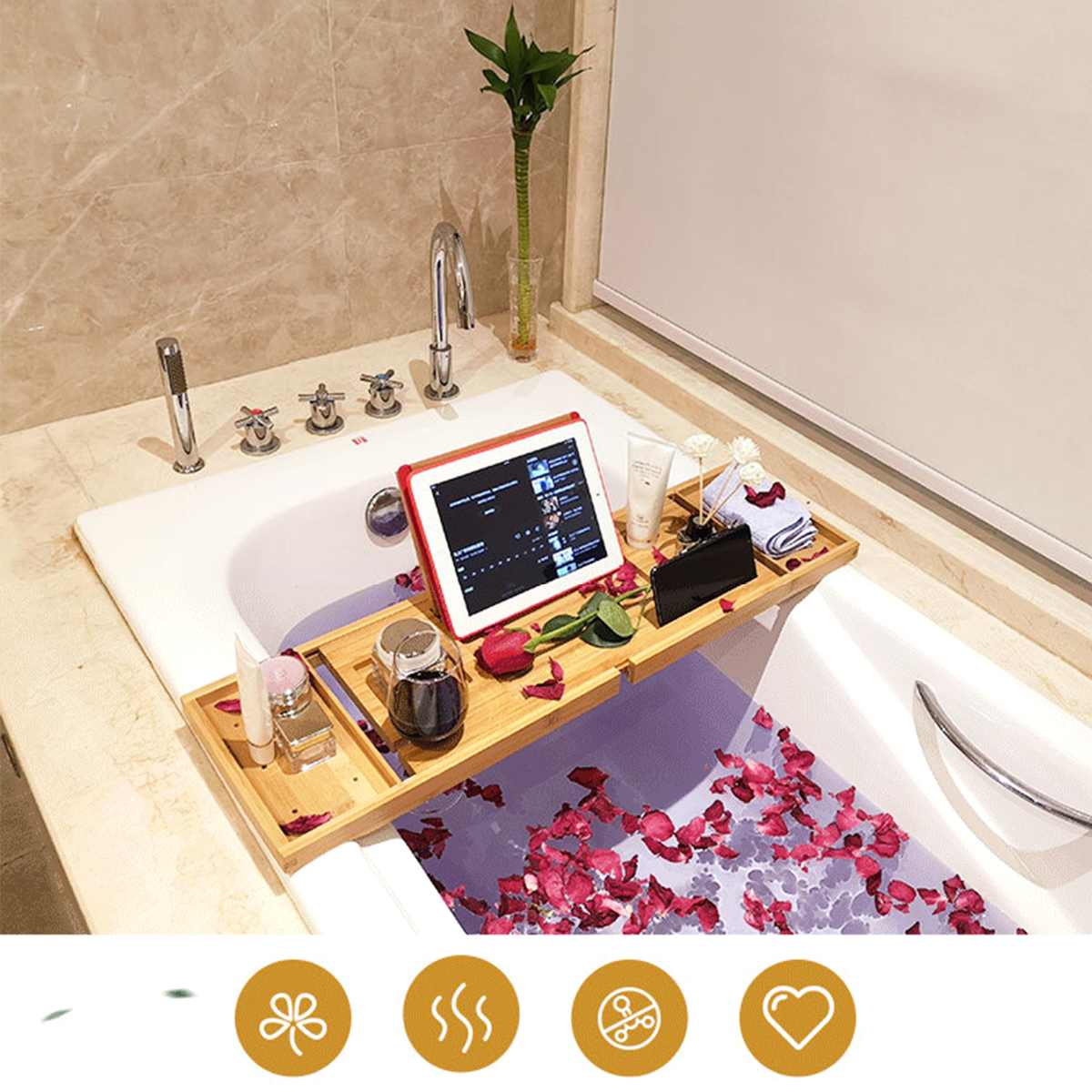 Bamboo Bathtub Tray With Expandable Design - Luxury Bath Caddy With Wine & Book Holders