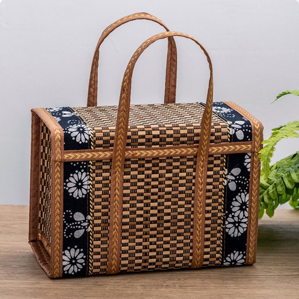 Bamboo Bamboo Picnic Basket Rectangular Large Capacity Hand-Woven Basket with Lid Foldable Handheld Woven Basket Photo Prop