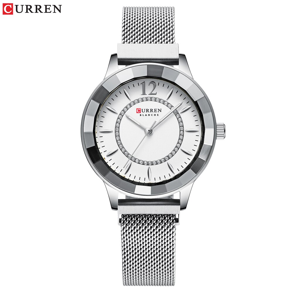 Curren Strass Mode Quartz Mesh Stalen Horloge Voor Vrouwen Causale Blauw Dames Horloge Bayan Kol Saati Classy Luxe Klok: silver