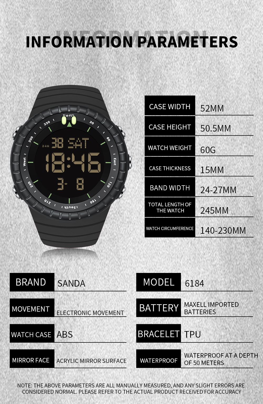 SANDA-reloj electrónico deportivo para estudiantes, cronógrafo Digital multifuncional, resistente al agua, LED, cuenta atrás, a prueba de golpes, 6184