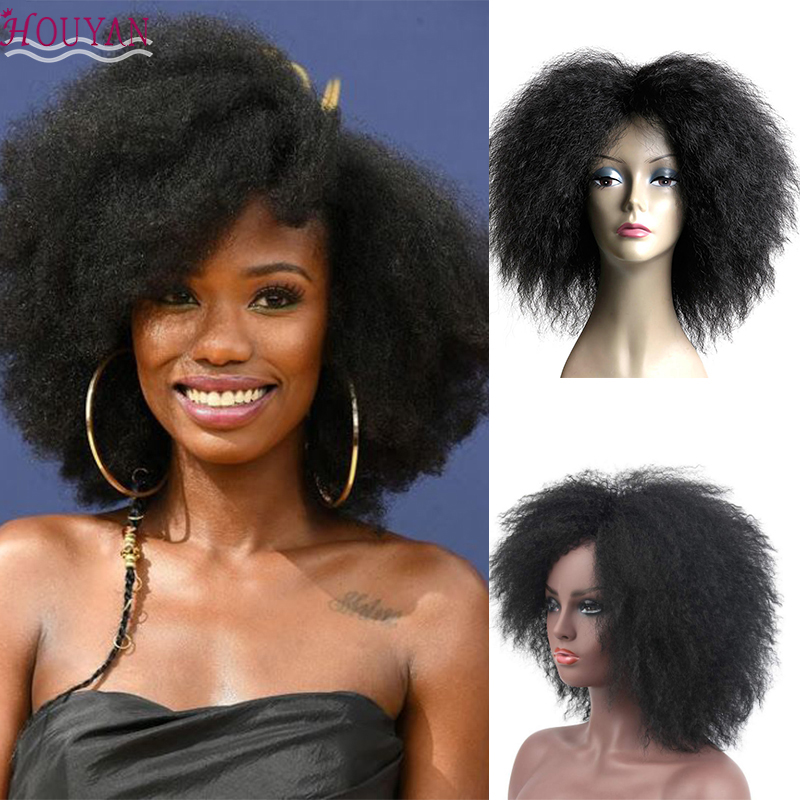 Houyan Haar Afro Kinky Krullende Pruik Pluizig Haar Voor Zwarte Vrouwen Synthetische Hittebestendige Remy Kinky Krullend Pruik