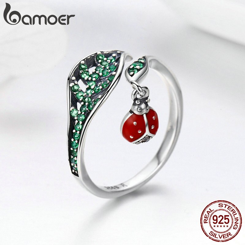 Bamoer 925 Sterling Zilveren Rusten Lieveheersbeestje Dangle In Boom Bladeren Vinger Ringen Voor Vrouwen Sterling Zilveren Sieraden SCR310