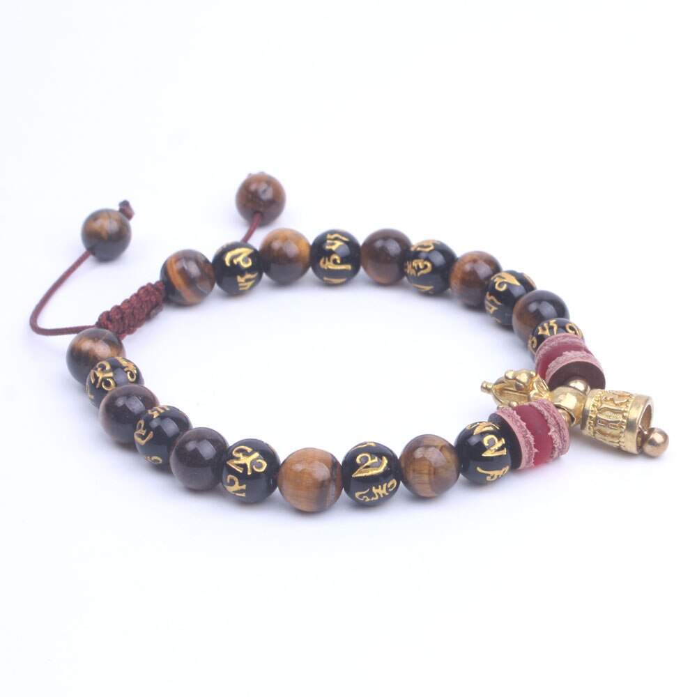 Tiger ogen met om mani padme hum kralen strand armband voor mannen & vrouwen Tibetaanse Boeddhistische Ghanta sieraden Lucky mala armband