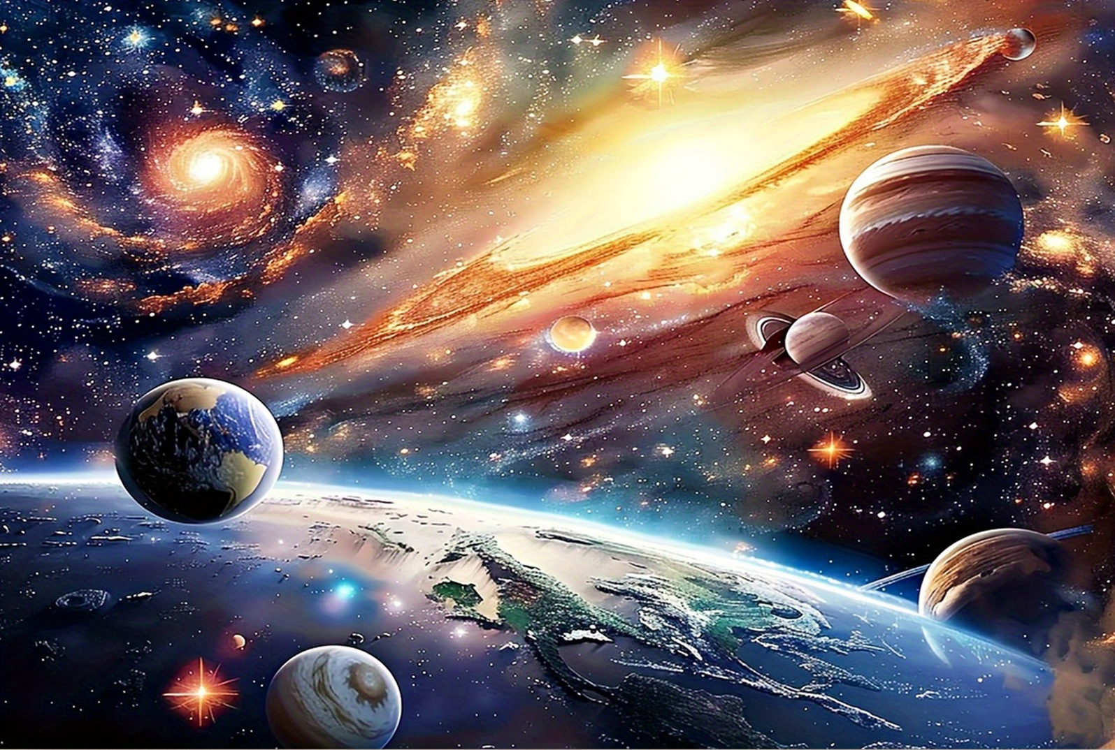Arazzo Girasoli Galaxy E Montagne | Decorazione Murale Spazio Stellato In Poliestere 130x150 O 150x200 O 180x230 Cm