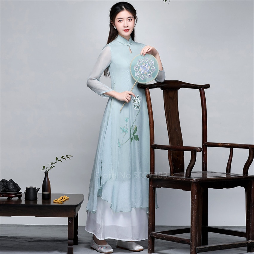 Kvinner ao dai langermet sommer chiffong vietnam kjole retro stativ krage cheongsam asiatiske klær te qipao