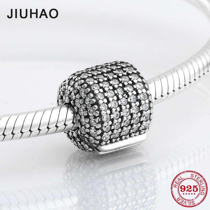 925 sterlina d'argento pavimenta il cristallo zirconia clip di perline di blocco Fermacorda E Ganci Branello Originale JIUHAO Braccialetto di Fascino Monili che fanno
