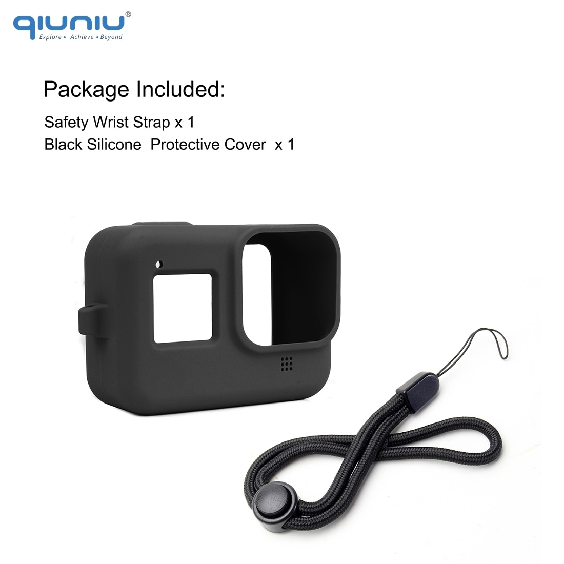 QIUNIU Soft Silicone Protective Case Cover Skin Sleeve + Safety Wrist Strap Lanyard for For GoPro Hero 8 Black Go Pro Accessory: Black Color