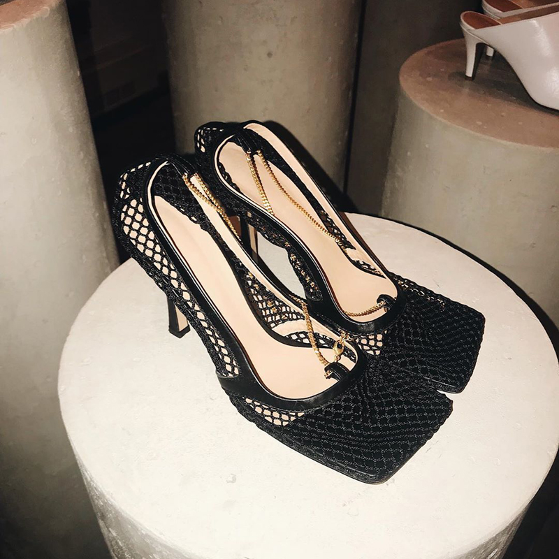 Monmoira vintage square toe stretch pumps kvinder guld kæde høje hæle sko kvinder air mesh dame sko swb 0224