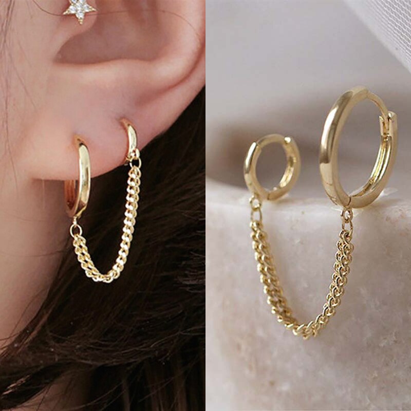 1Pc Zwei Loch Hoop Ohrring Kristall Zirkon Punk Hip Hop Ohrringe Gold Piercing Schmuck für Frauen Zubehör Mädchen: GoldB