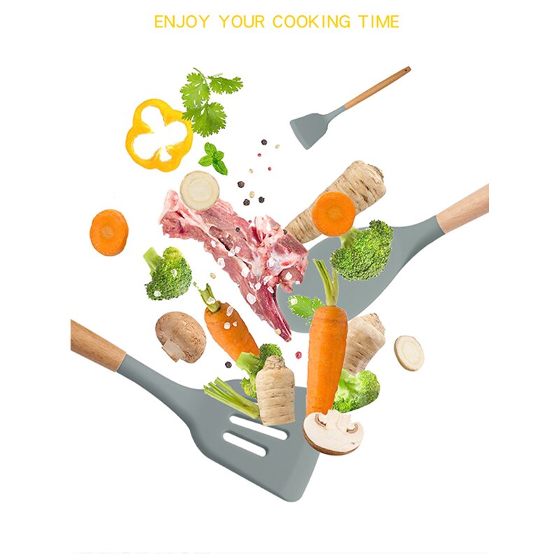 Silicone Cooking Utensils Kitchen Utensil Set Non-stick Heat Resistant Silicone,Cookware with Wooden Handle
