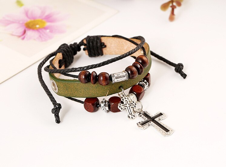 4 Layers Charm Bracelet for Women Men Leather Rope String Beads Jesus Christ Cross Jewelry 17cm Adjustable Handmade: green