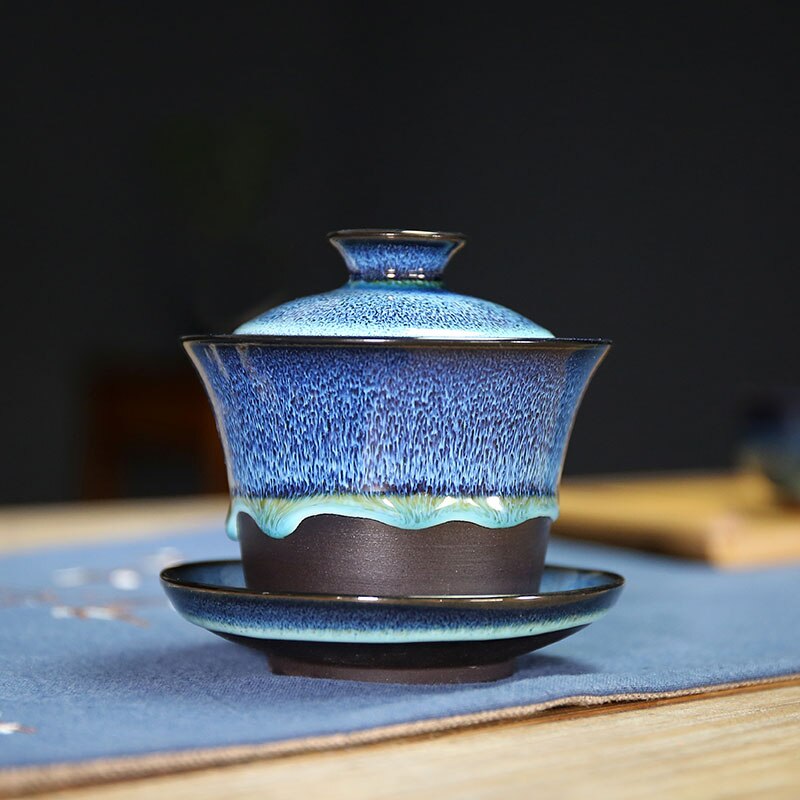 Større gaiwan ovn skifte unik turin kinesisk porcelæn kop skål med underkop låg blå zisha lilla ler glasur dækket skåle