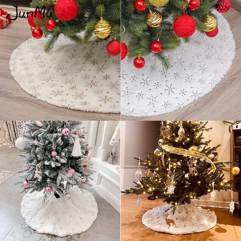 Sequin Christmas Tree Skirt Soft Plush Gold/Silver Snowflake Tree Mat White Faux Fur Party Decor 90cm/122cm