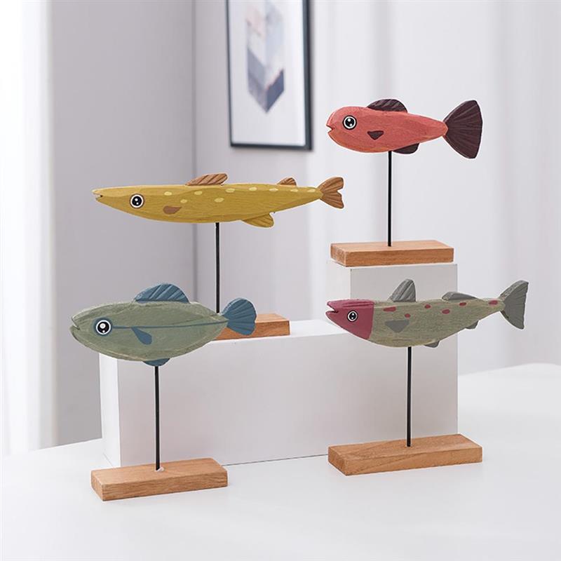 Garden Wooden Fish Ornaments Fish on Stand Decor Fish Statue Desktop Decoration for Home Office Bar