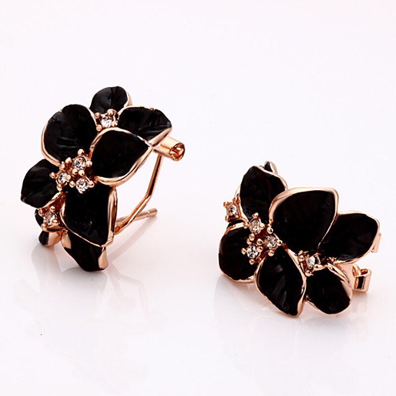 Rose Flower Enamel Jewelry Set Rose Gold Color Black Painting Bridal Jewelry Sets for Women Wedding 82606