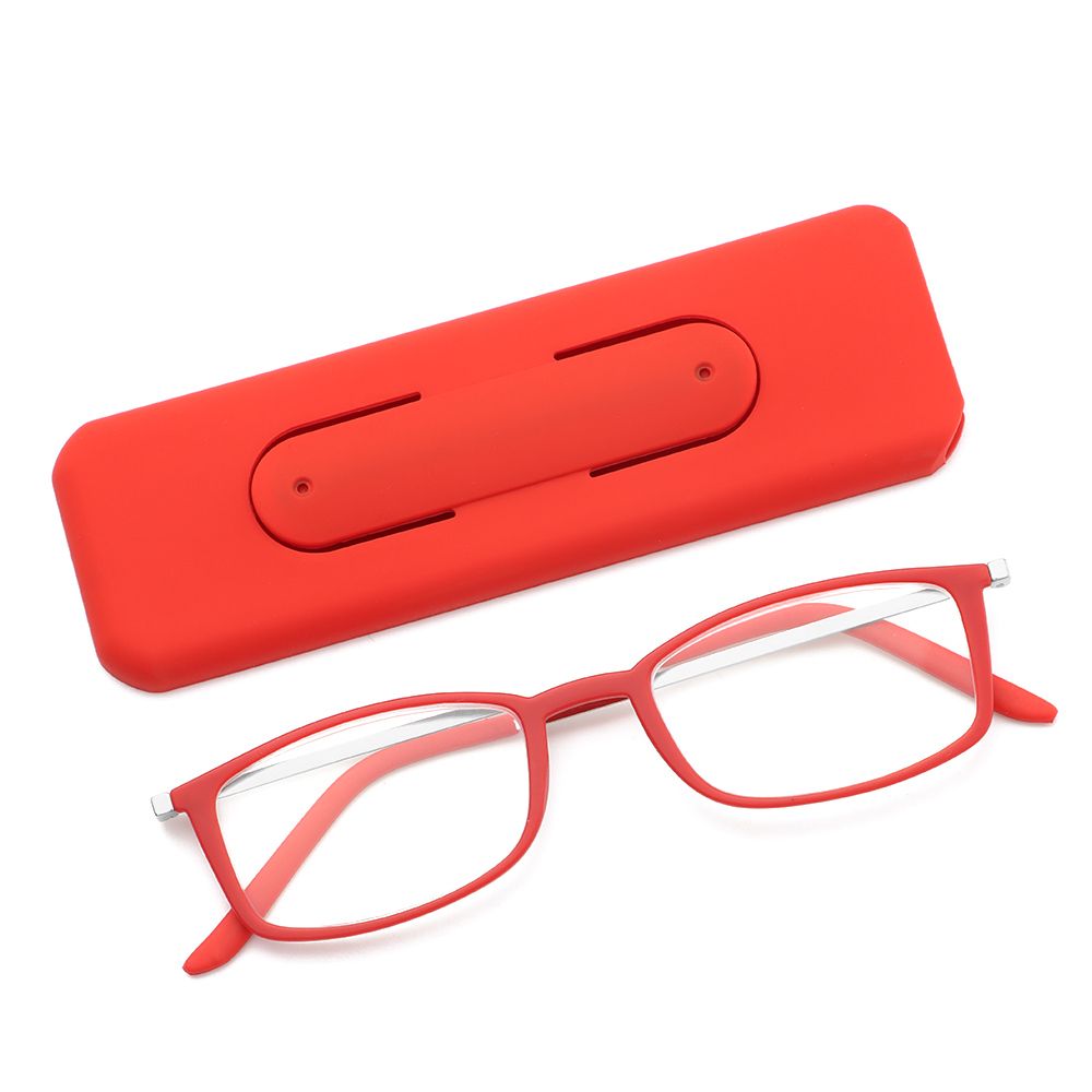 Gafas de lectura portátiles ultraligeras para hombres y mujeres, anteojos de presbicia ultrafinos de marco completo, antiazul, con soporte para teléfono y estuche de almacenamiento: +150 / red